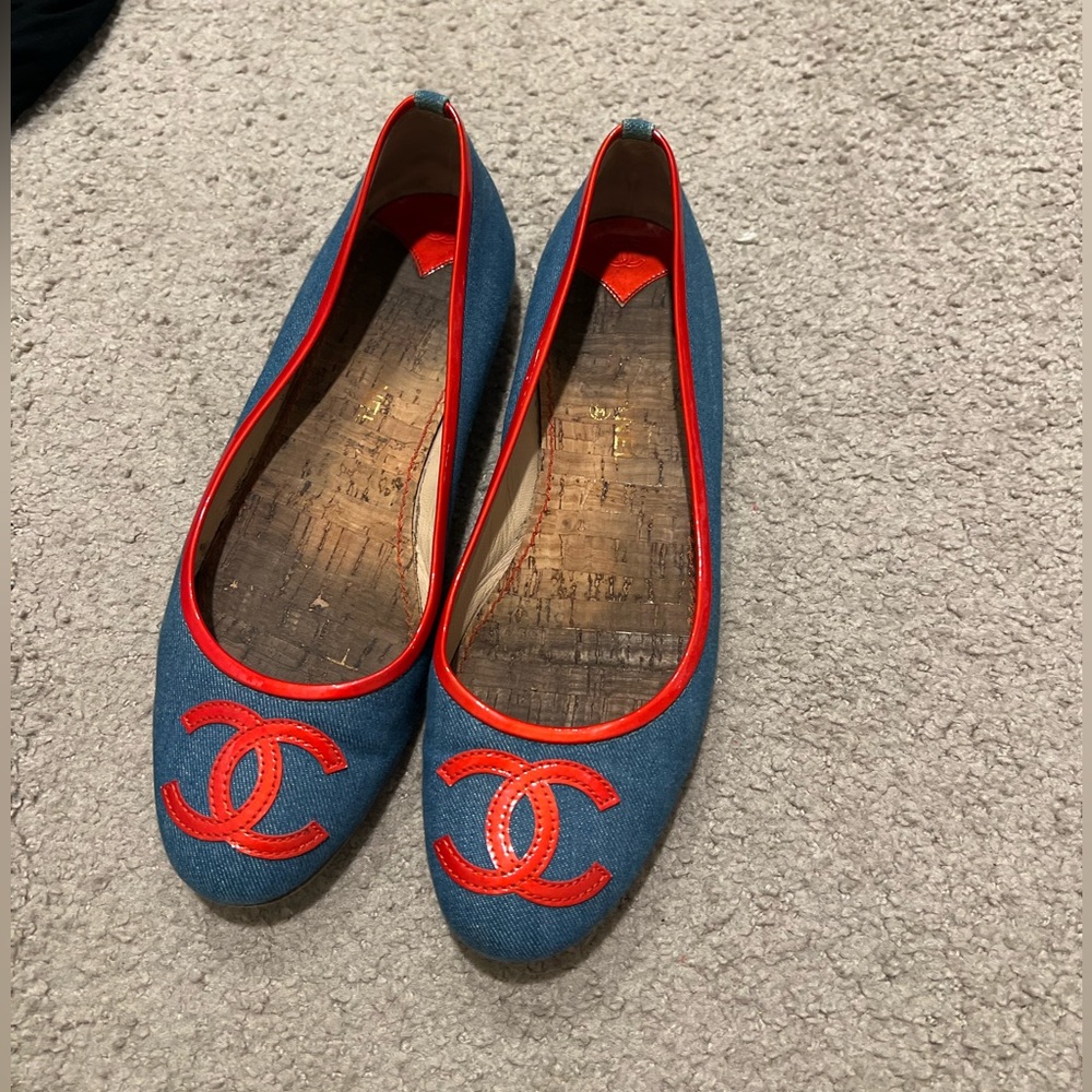 Chanel Flats - denim with red piping